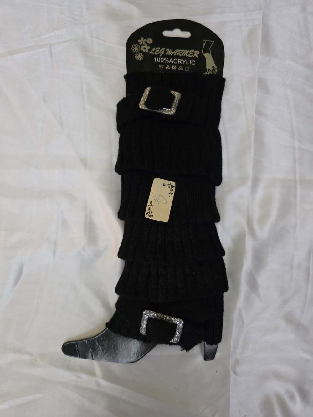 New Trendy Black Knitted Leg Warmers With Buckles Acrylic Boot Cuffs